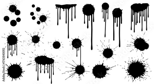 Ink Blot Splatter Set Diverse Black Splashes and Drips for Creative Designs and Artistic Flair
