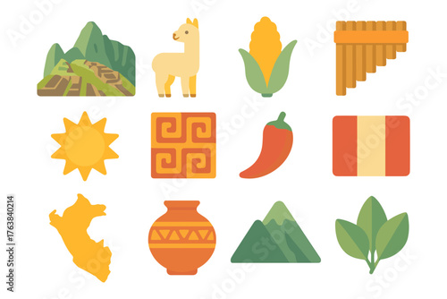 Colorful icons celebrating peruvian culture and nature