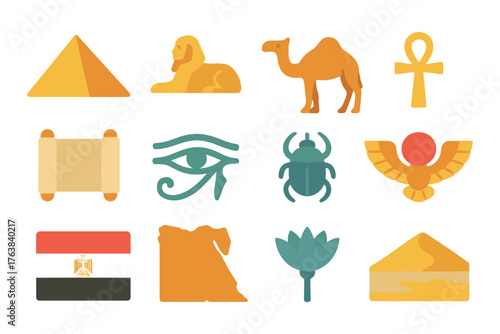 Ancient egypt icons: pyramids, sphinx, camel and more in flat design