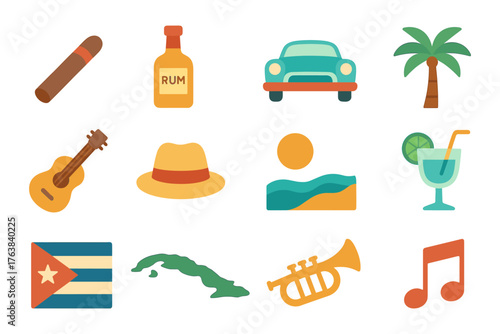 Icon set celebrating cuban culture with tropical vacation essentials
