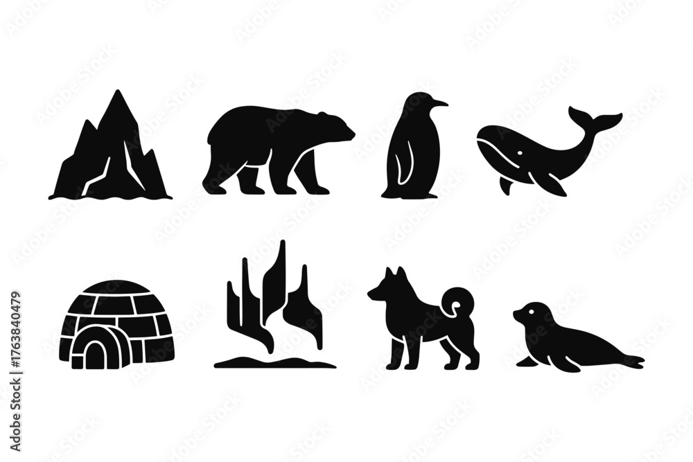Fototapeta premium Silhouette icons of arctic wildlife and landscapes