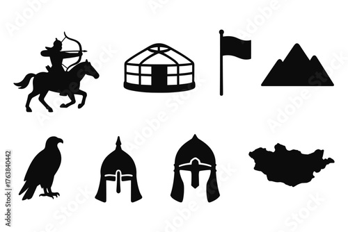 Mongolia icons: silhouette of culture, nature, and history