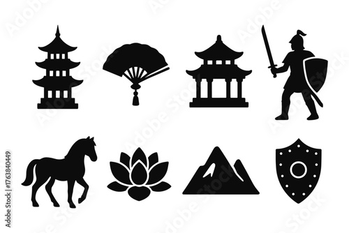 Silhouette icons of asian architecture, warrior, and nature elements