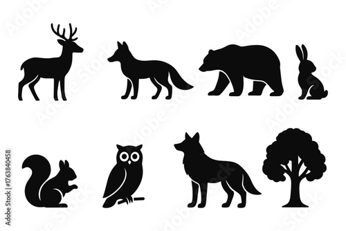Wildlife silhouettes: deer, fox, bear, rabbit, squirrel, owl, wolf, tree in black