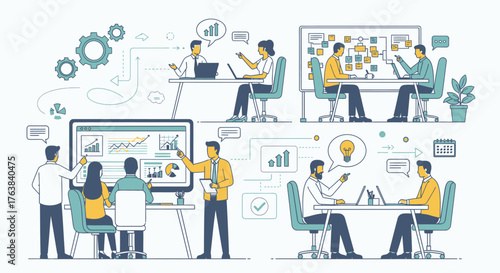 Business strategy planning and teamwork illustration with people collaborating around tables and digital screens