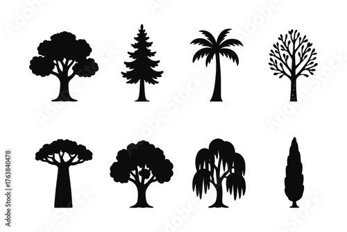 Diverse tree silhouettes set showcasing various tree types