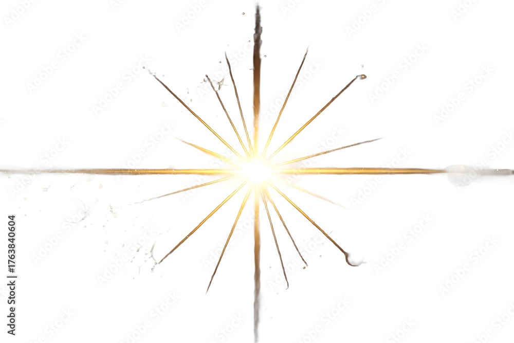 Obraz premium A bright, sparkling golden starburst with radiant light rays, creating a brilliant flare effect isolated on a clean white background. Generative Ai.