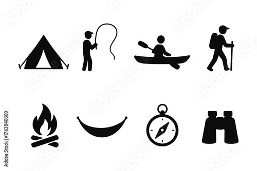Adventure icons: camping, fishing, kayaking, hiking, and more in silhouette style
