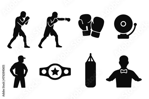 Boxing icons collection: silhouettes of fighters, gear, and accessories