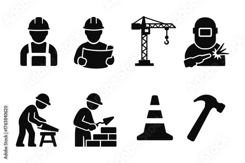 Silhouette icons of construction workers and tools for design projects