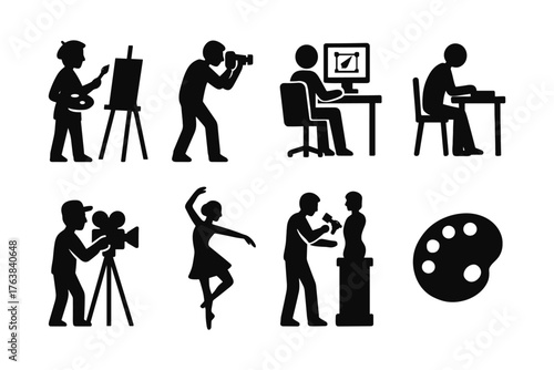 Creative professions silhouette set: artist, photographer, writer, and more