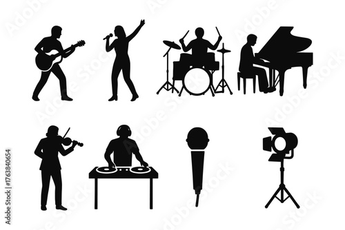 Music ensemble silhouette set: band, instruments, and concert icons