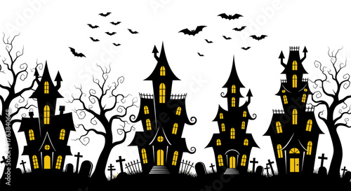 Spooky Halloween Silhouette Haunted Houses and Flying Bats against a White Background