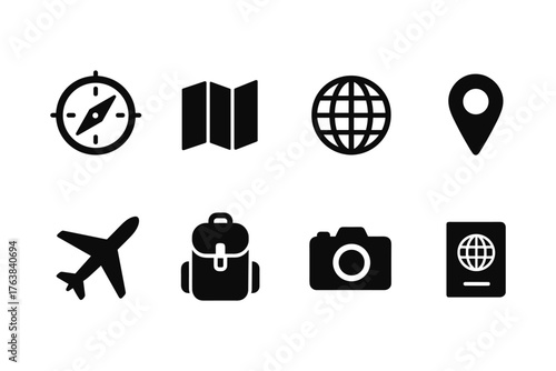 Travel and adventure icon set: minimalist symbols of navigation, exploration, and tourism