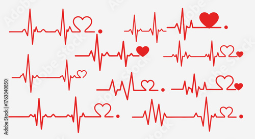 A collection of red heartbeat cardiogram pulse lines with heart shapes, an icon set symbolizing love, life, and medical cardiology
