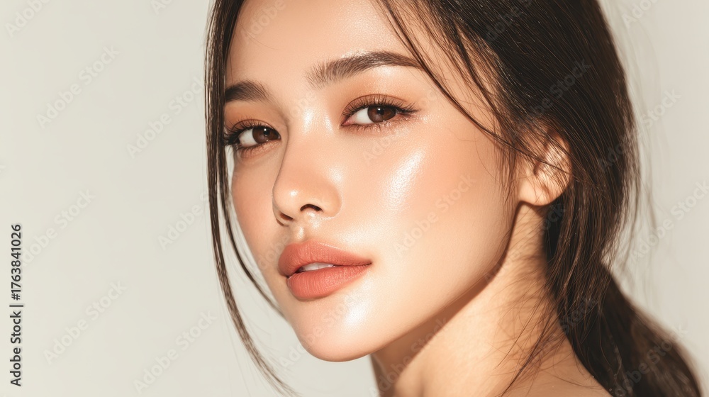 Fototapeta premium Attractive young Asian woman with radiant skin polished makeup and sleek hair in a light setting an embodiment of natural beauty
