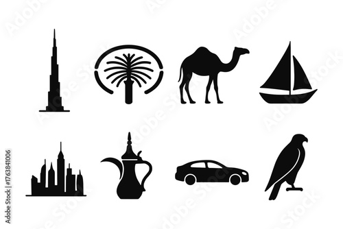 Icon set featuring iconic dubai symbols in silhouette style