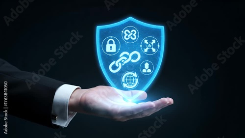 Hand Presenting Digital Security Shield Hologram with Blue Light Effect on Dark Background, Concept of Protection, Business Security and Future Technologies