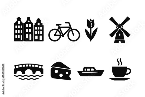 Set of flat icons featuring amsterdam landmarks and culture