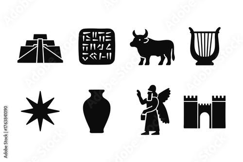 Ancient mesopotamian icons: artifacts and symbols in silhouette style