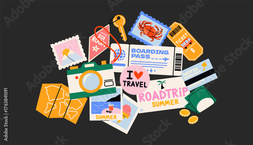 Sea travel stickers in retro cartoon. Tickets, maps, key, room numbers, vacation vibe, 90s travel aesthetic, illustration in retro cartoon style, trendy patches, labels, stamps, tags