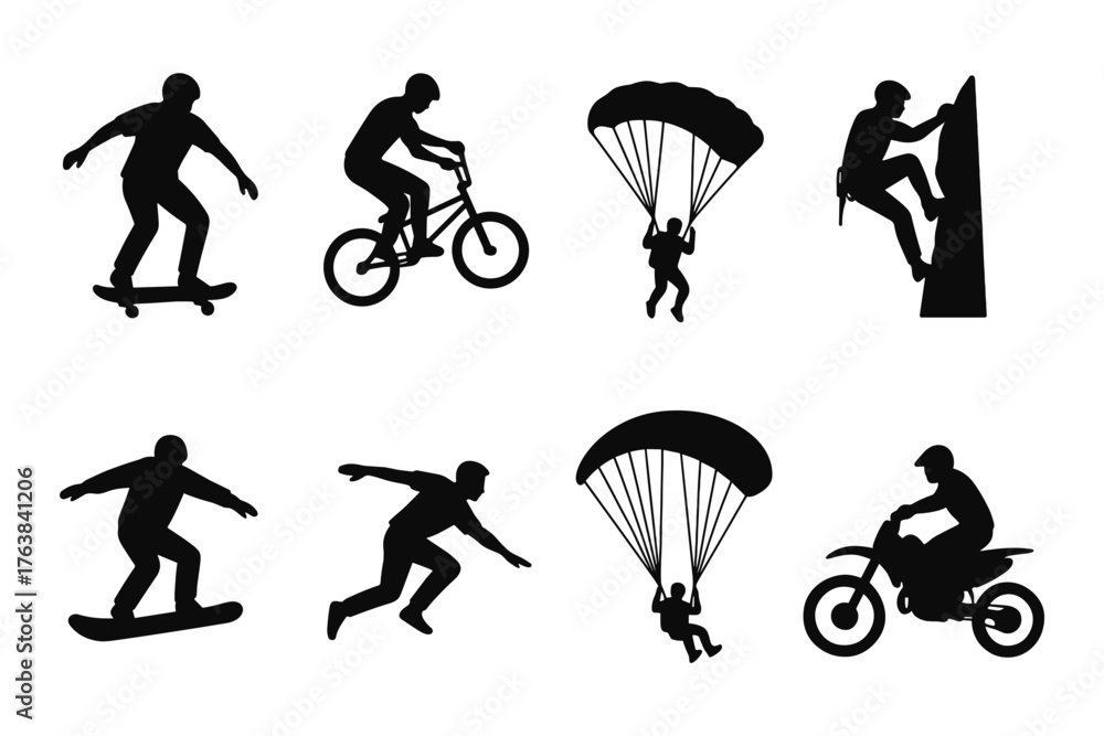 Naklejka premium Silhouette adventure sports: paragliding, skateboarding, bmx, rock climbing, and motorcycling