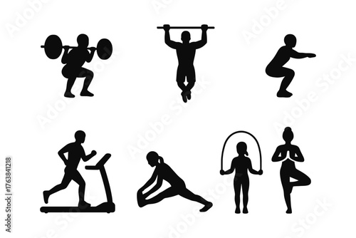 Silhouette fitness icons: diverse workout poses in black and white