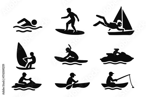 Silhouette water sports icons featuring swimming, surfing, diving, sailing, and kayaking activities