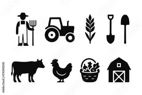 Set of farm icons: silhouettes of barn, tractor, animals, and tools for agriculture designs