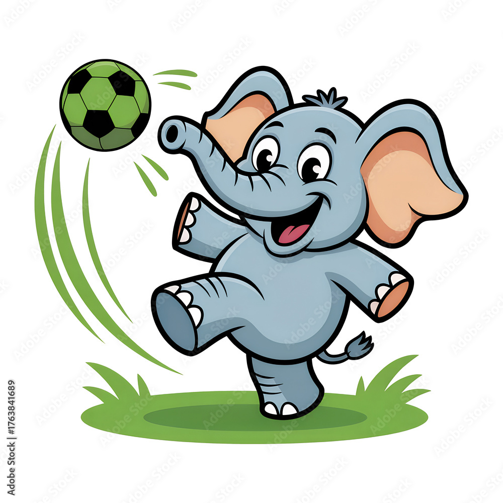 Naklejka premium A cheerful elephant playfully kicks a vibrant soccer ball, full of delight. This whimsical scene encapsulates joy, movement, and the spirit of play
