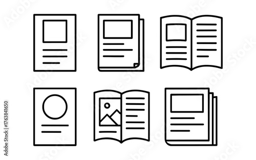 Minimalist black line art of various magazine and booklet icons in linear style