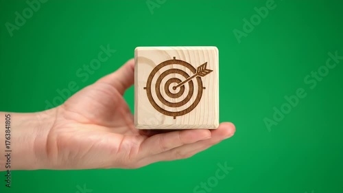 Hand Holding Light Brown Wooden Cube with Target Design on Vivid Green Background Centered with Soft Lighting and Selective Focus Ideal for Stock Photos