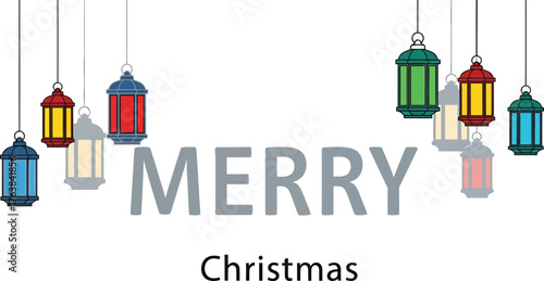 Festive hanging lanterns illuminate merry Christmas greeting with soft shadows for designing T-Shirt
