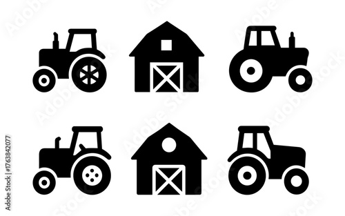 Farm equipment and barn silhouettes - simple tractor icons collection