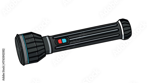 Black metal flashlight, an electric torch isolated on a white background, is a useful tool and light object