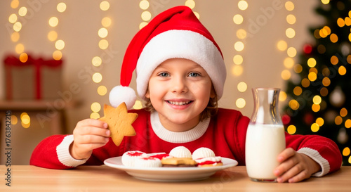 A joyous youngster, dressed in a festive red Santa hat, smiles brightly with holiday treats and milk, capturing the magic of Christmas.