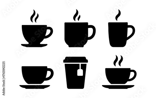 Silhouette coffee and tea cups: minimalist icon set for cafes and menus