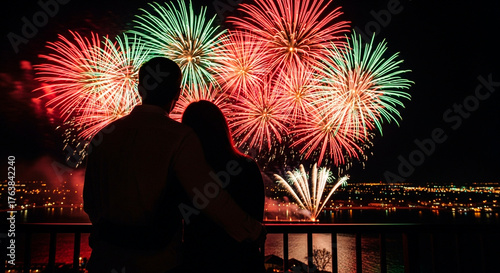 Silhouette of a couple embracing on a balcony, watching a dazzling fireworks display over a cityscape, creating a romantic atmosphere.