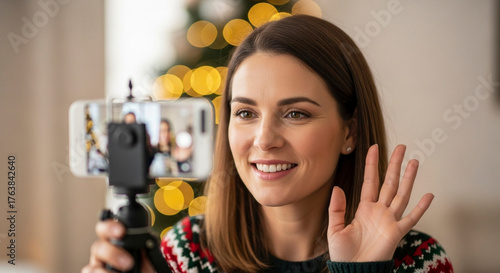 Happy woman waves during a video call on her smartphone. Bokeh lights from the Christmas tree provide a festive, warm background.