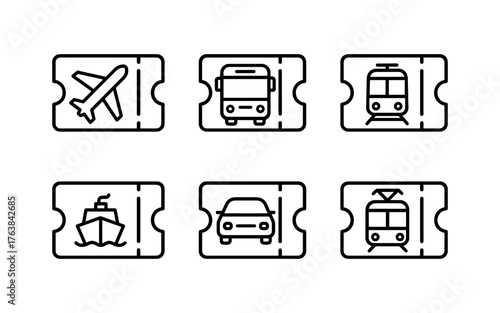Transportation tickets set featuring airplane, bus, train, ship, and car icons in minimalist linear style