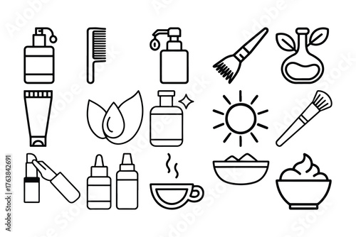 Beauty and Spa Line Icons With Droplets Sun Comb Makeup Brushes And Hot Cup Keywords: beauty, spa