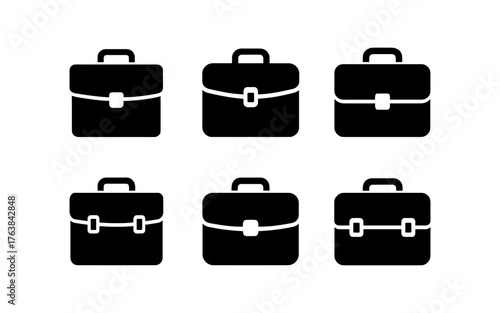 Set of six minimalist briefcase icons in black silhouette style