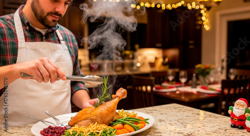 A chef plating a roast chicken dinner in a warm kitchen, steam rising, with holiday lights in the background ready for a festive meal.