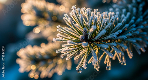 Close-up of frost-covered evergreen branch with water droplets glistening in the light, captures the beauty of winter's icy touch.