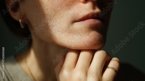 An individual has flaky dry skin on their chin indicating a need for skincare likely in indoor daylight