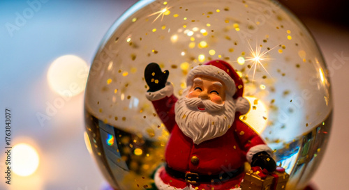 A festive snow globe encapsulating a waving figure in red, surrounded by golden sparkles, evoking holiday cheer and winter wonder.