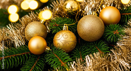 A festive tableau of golden Christmas ornaments resting on evergreen boughs, twinkling lights adding a warm and inviting ambiance.