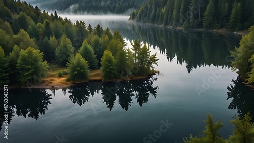 Peaceful aerial HDR panorama of a foggy forest hiding a glassy reflective lake in nature
