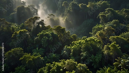 Cinematic aerial HDR view of tropical rainforest blanketed in mist with sunlight filtering through foliage