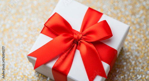 Close-up of a pristine white gift box adorned with a vibrant red ribbon, set against a glittering gold backdrop. It is a celebration of joy.